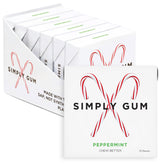 SIMPLY Gum frontal del empaque mostrando la caja Candy Cane y beneficio de alternativa sin plástico