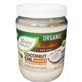 Simply Nature aceite de coco orgánico frasco frontal mostrando etiqueta y tamaño, ideal para cocina y belleza