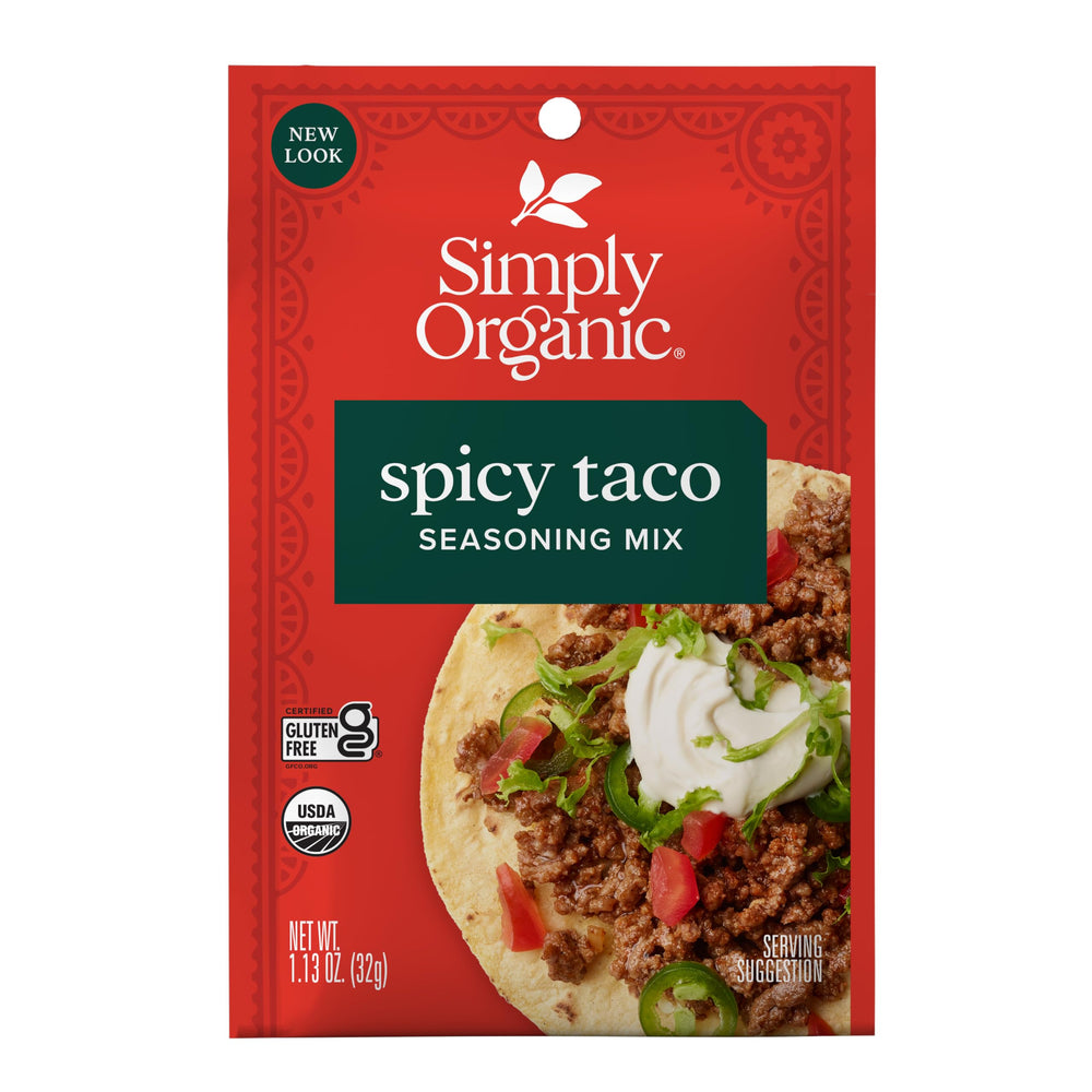 Simply Organic paquete frontal mostrando la mezcla picante y beneficios orgánicos