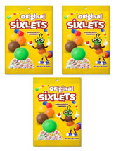 Sixlets vista frontal del paquete mostrando las bolsas y colores vibrantes, atractivo visual