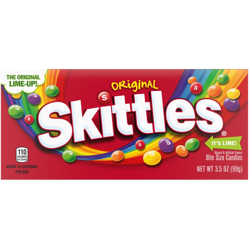 Skittles caja de teatro frontal mostrando colores vibrantes y fácil compartir