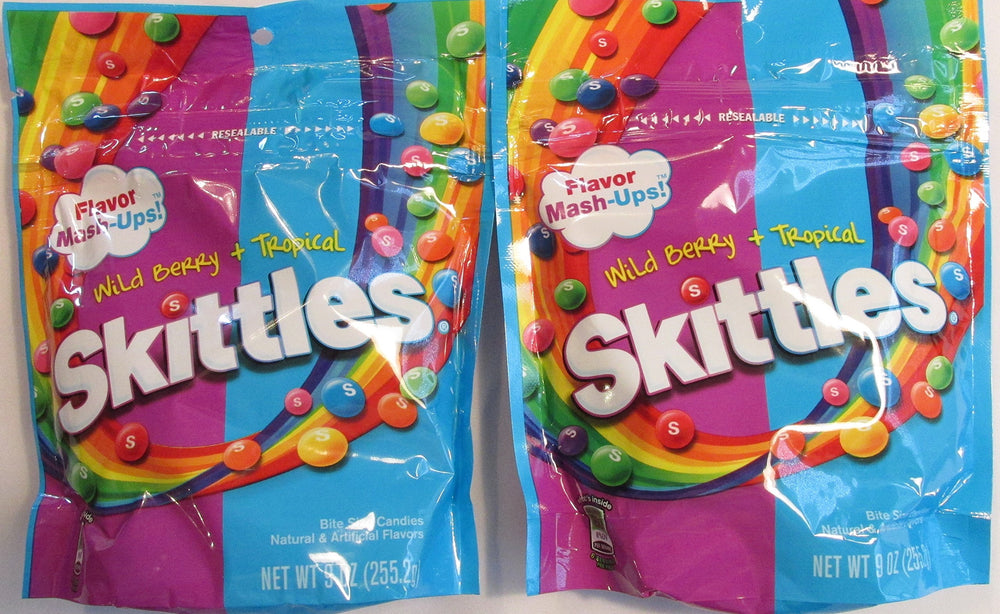 Skittles frontal pack Wild Berry y Tropical mostrando variedad y conveniencia