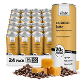 Slate Milk lata frontal mostrando sabor Caramel Latte y conveniencia