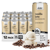 Slate lata frontal con etiqueta distintiva mostrando beneficios de proteína