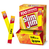 Slim Jim embalaje frontal mostrando marca y sabor original, práctico y portátil