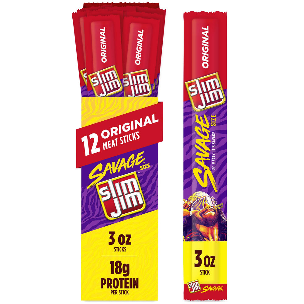 Slim Jim empaque delantero mostrando el pack de 12 y conveniencia