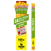 Slim Jim caja frontal Vlasic Dill Pickle mostrando 24 unidades y conveniencia