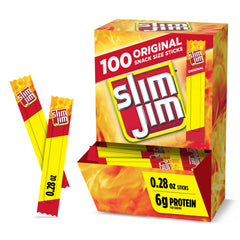 Slim Jim frente del empaque mostrando caja de 100 unidades y conveniencia