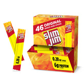 Slim Jim paquete frente mostrando 46 palitos, práctico para llevar