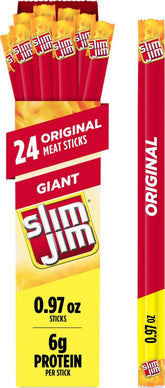 Slim Jim paquete frontal mostrando caja de 24 palitos y conveniencia