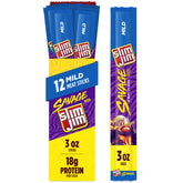Slim Jim caja frontal mostrando 12 palitos, práctico para almacenamiento