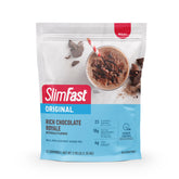 SlimFast envase frontal Chocolate Royale mostrando sabor intenso y conveniencia