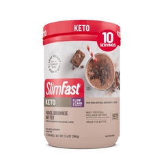 SlimFast lata frontal mostrando el diseño y sabor Fudge Brownie Batter para identificar el producto