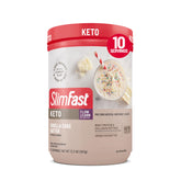 SlimFast envase frontal del polvo mostrando sabor vainilla cake batter y conveniencia