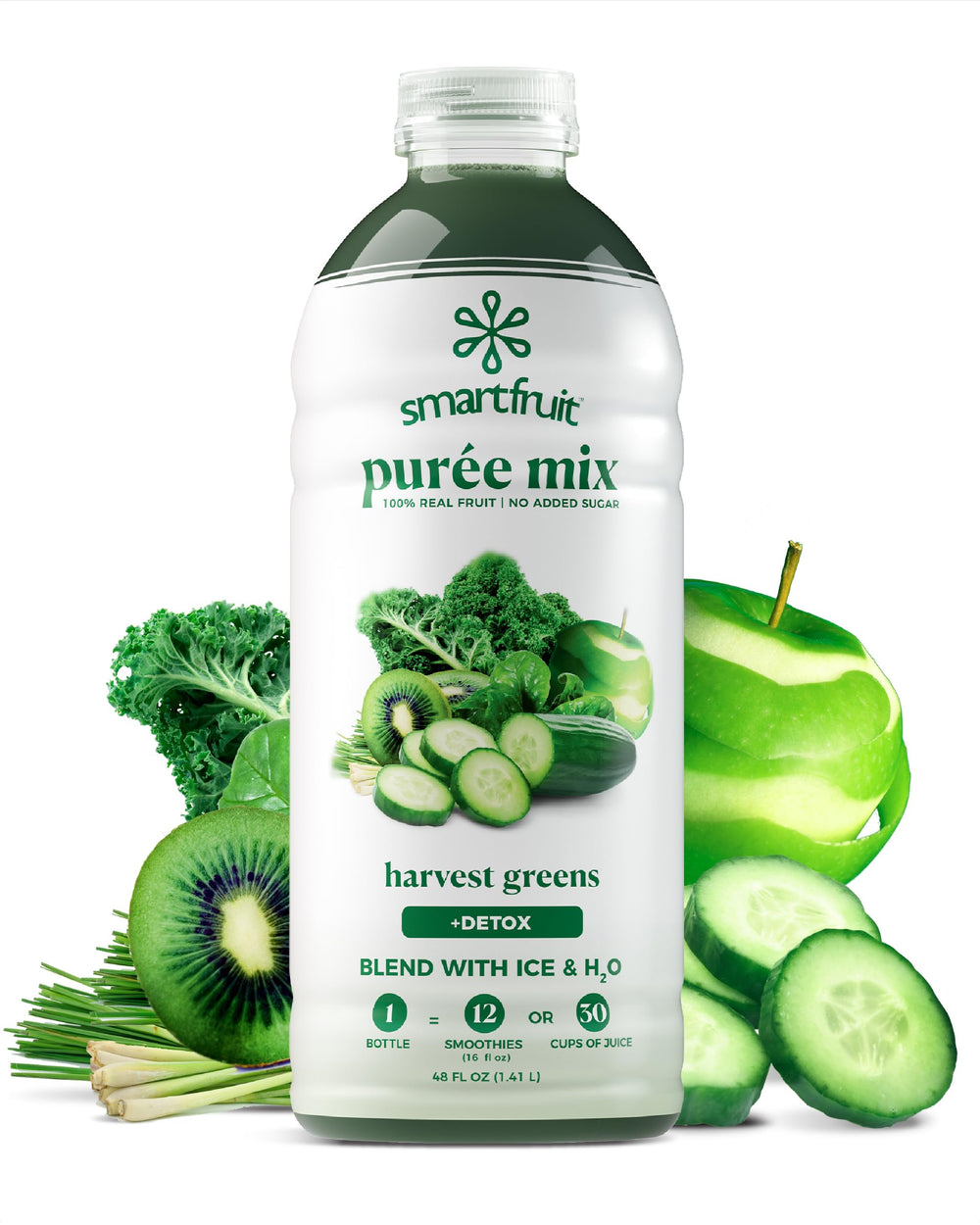 Smartfruit botella frontal Harvest Greens mostrando diseño y volumen práctico