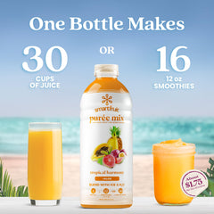 Smartfruit botella abierta vertiendo puré, facilitando preparación de bebidas rápidas