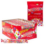 Smarties caja frontal de rollos gigantes mostrando cantidad y color, conveniencia Smarties