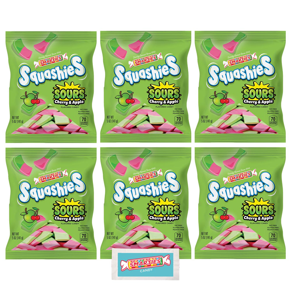 Smarties Squashies frente del empaquetado mostrando colores y sabor