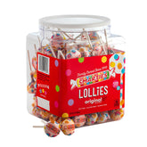 Smarties tarro frontal mostrando 120 piruletas y conveniencia para fiestas