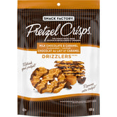 Snack Factory envase frontal de Pretzel Crisps chocolate con leche y caramelo mostrando la bolsa
