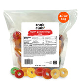 Snak Club frente de la bolsa de 40 oz mostrando colores y marca