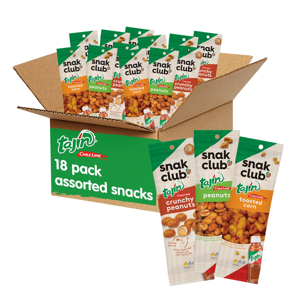 Snak Club frente del empaque variedad Tajin mostrando 18 bolsas, ideal para llevar