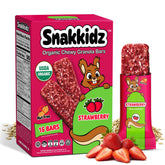 Snakkidz frente del empaque mostrando 15 barras y sellos orgánicos