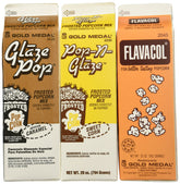 Snappy empaque frontal que muestra Flavacol y Glaze Pop, resalta conveniencia