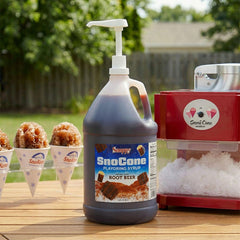 Snappy jarabe root beer en uso con máquina de shaved ice sirviendo conos rápidamente