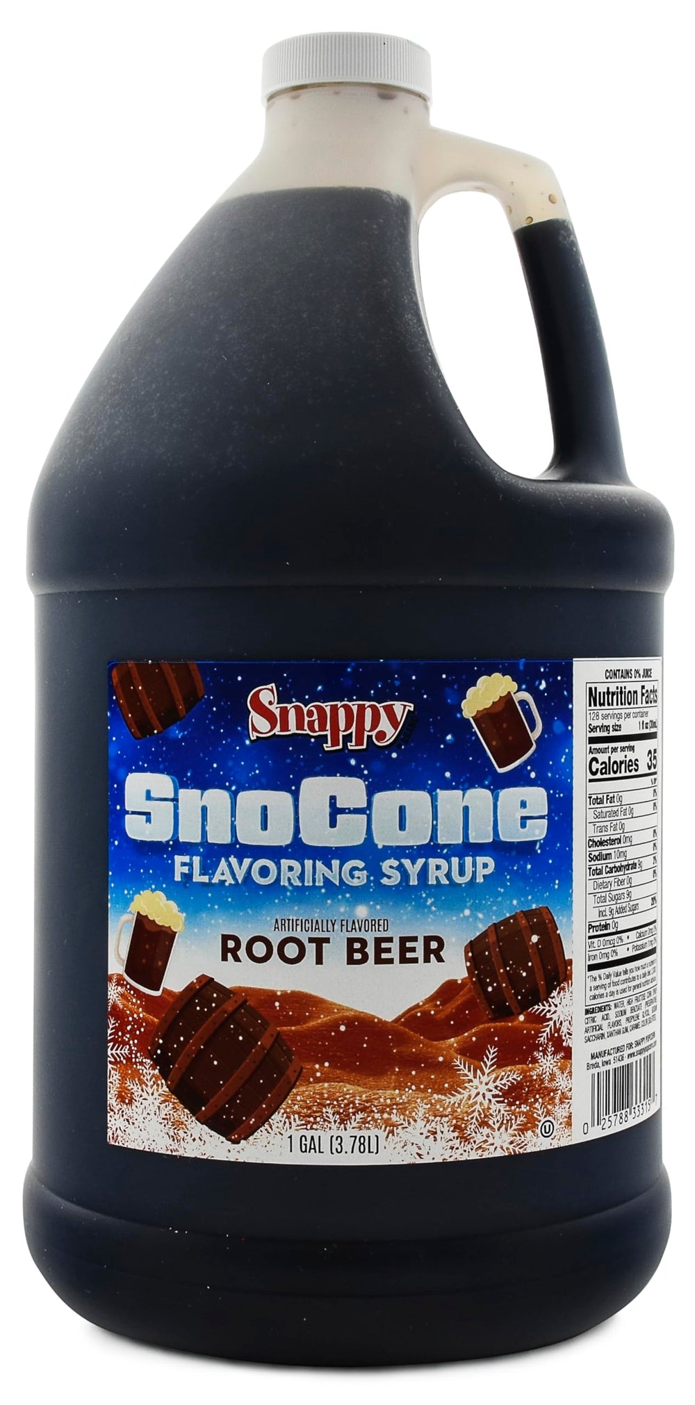 Snappy jarabe root beer galón frontal mostrando etiqueta y asa para uso comercial