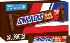 Snickers frente del empaque de 24 barras mostrando formato para compartir y conveniencia