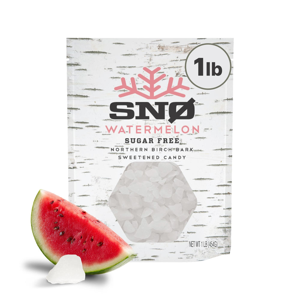 SNØ paquete frontal de chips sabor sandía mostrando diseño claro y beneficios