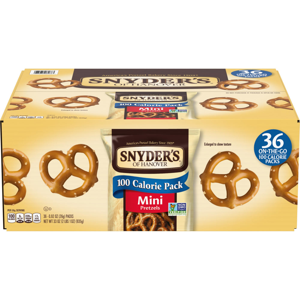 Snyder's of Hanover frente de caja mostrando 36 paquetes individuales y conveniencia