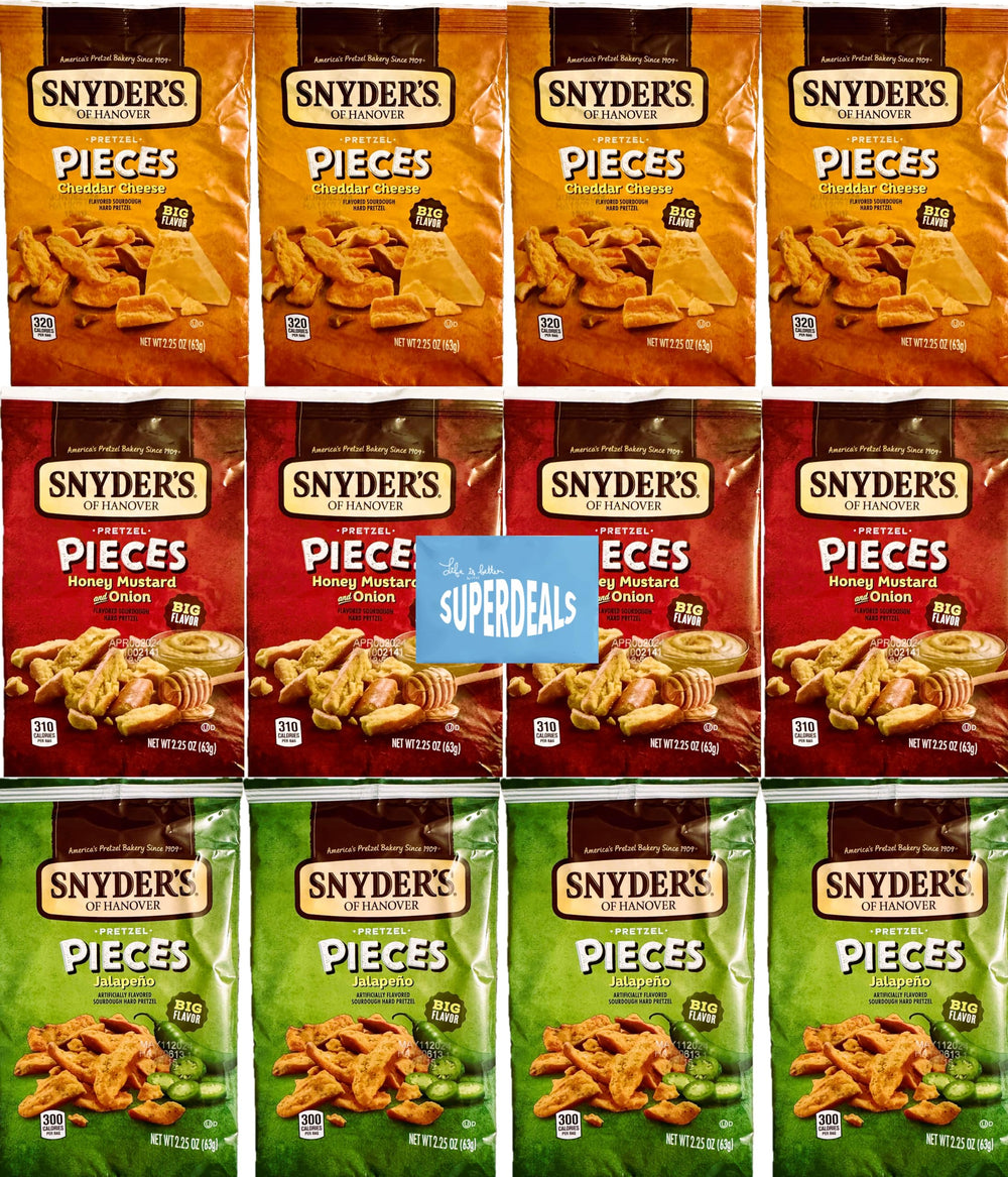 SUPERDEALS empaque frontal del surtido Snyder's of Hanover con variedad, muestra conveniencia