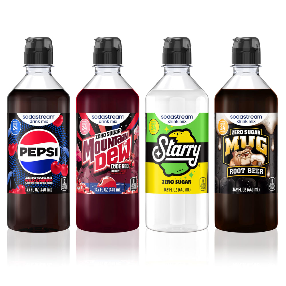 Sodastream pack frontal mostrando cuatro botellas y beneficio de variedad sin azúcar