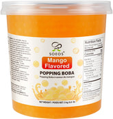 Soeos frasco frontal mostrando perlas de mango, atractivo visual