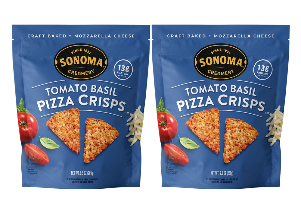 Sonoma Creamery empaque frontal de Pizza Crisps tomate albahaca mostrando sabor y beneficios keto