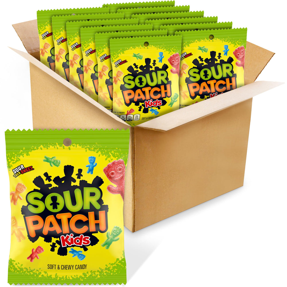Sour Patch Kids empaque frontal mostrando variedad de gomitas y fácil reparto