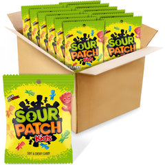 Sour Patch Kids empaque frontal mostrando variedad de gomitas y fácil reparto