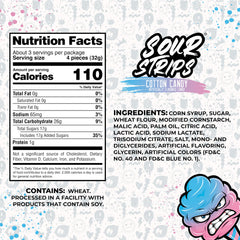 SOUR STRIPS primer plano de cinta ácida con textura azucarada y atractivo visual