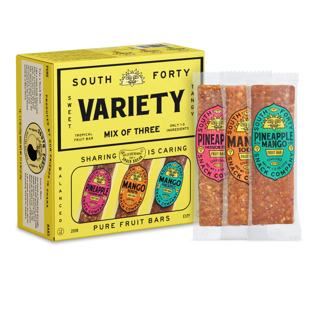 South 40 Snacks vista frontal del pack que muestra 18 barras y variedad