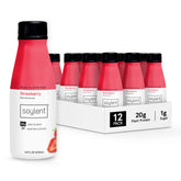 Soylent botella frontal fresa mostrando diseño y beneficio práctico