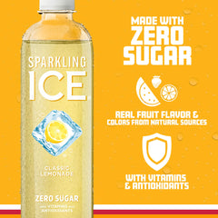 Sparkling Ice botella sostenida en mano para comparar tamaño 17 fl oz, cómodo y portátil
