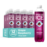 Sparkling Ice frontal del pack de 12 mostrando la variedad grape raspberry y conveniencia