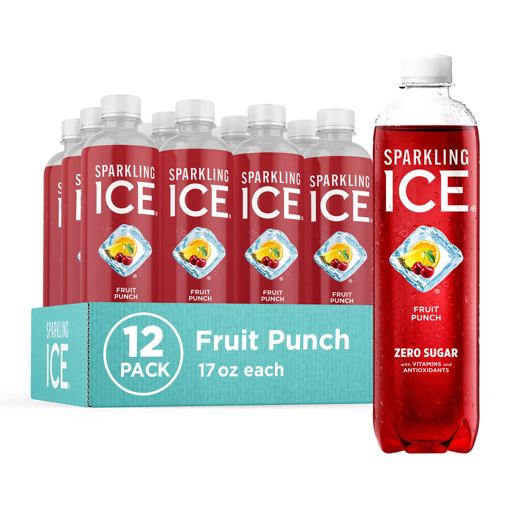 Sparkling Ice botella frontal mostrando sabor Fruit Punch y burbujeo refrescante