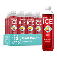 Sparkling Ice botella frontal mostrando sabor Fruit Punch y burbujeo refrescante