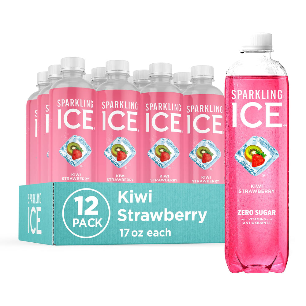 Sparkling Ice botella frontal mostrando sabor kiwi fresa y beneficio refrescante