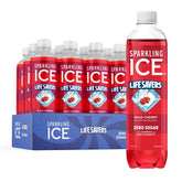Sparkling Ice botella frontal del pack mostrando etiqueta LIFESAVERS y sabor cereza como refresco bajo en calorías