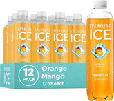 Sparkling Ice botella frontal con naranja y mango, muestra sabor intenso