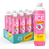 Sparkling Ice STARBURST fresa botella frontal mostrando diseño y color vibrante, refresca sin azúcar